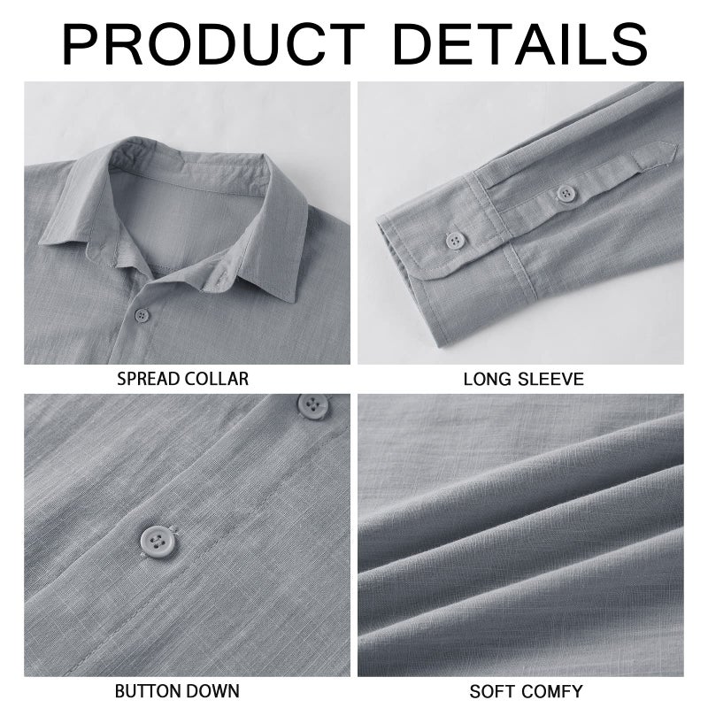 Runcati Mens Button Down Shirt Linen Cotton Shirts Casual Long Sleeve Spread Collar Lightweight Beach Plain Tops - Image 5